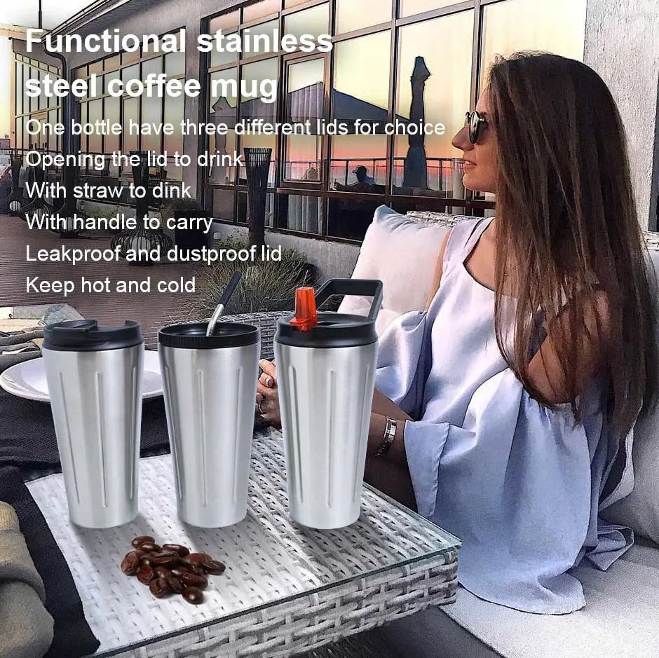 450ml Double Wall Vacuum Insulated Travel Tumbler with Straw Lid Handle 304 Stainless Steel Coffee Mug
