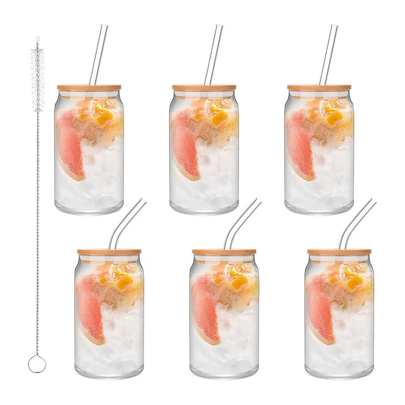 Customized Reusable Clear Glass Beer Can Shaped Tumbler Sublimation with Bamboo Lid Straw Custom Tea Cup Clear Glass Milk Coffee Cups for Cool Water