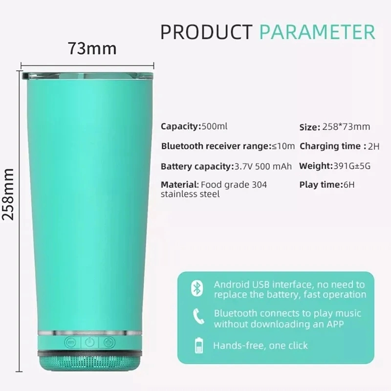 Outdoor 500ml Sublimation Stainless Steel Music Cup Blue Tooth Wireless Speaker Water Bottle Tumbler with Bluetooth Speaker